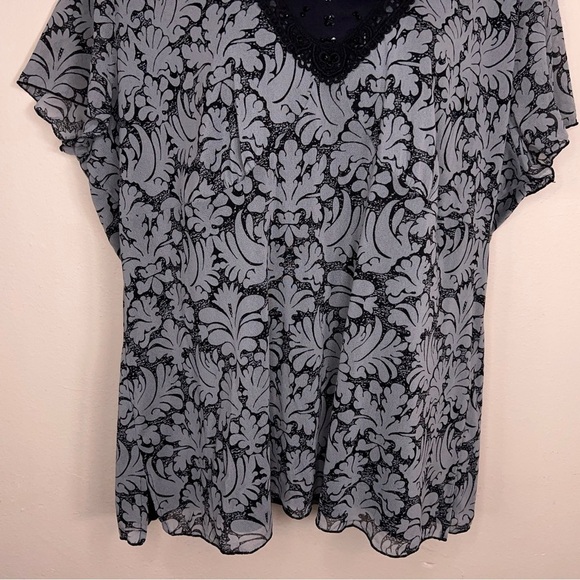 2X Apt 9 Grey Gray Black Jacquard Short Sleeve Mesh Sequin Blouse Stretch - Picture 3 of 12